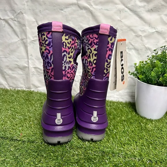 Bogs Boots Girls Sz 2 Kids Purple Leopard Neo-Classic InsulatedWaterproof