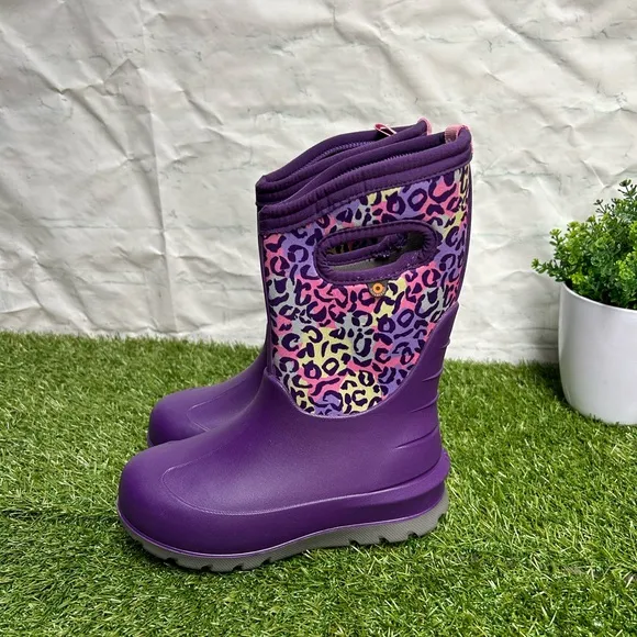 Bogs Boots Girls Sz 2 Kids Purple Leopard Neo-Classic InsulatedWaterproof