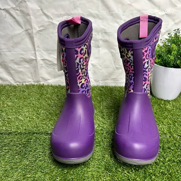 Bogs Boots Girls Sz 2 Kids Purple Leopard Neo-Classic InsulatedWaterproof
