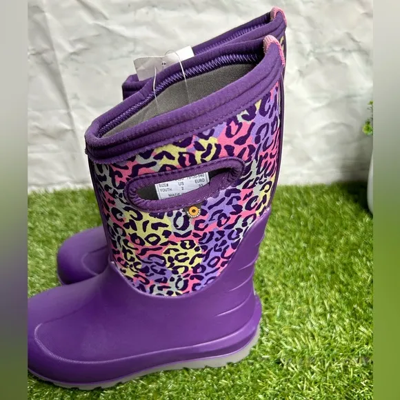 Bogs Boots Girls Sz 2 Kids Purple Leopard Neo-Classic InsulatedWaterproof
