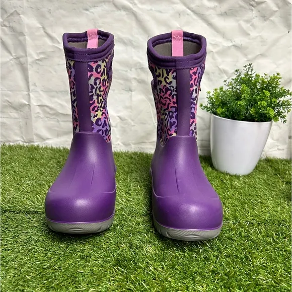 Bogs Boots Girls Sz 2 Kids Purple Leopard Neo-Classic InsulatedWaterproof