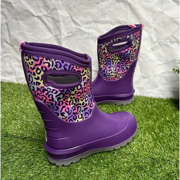 Bogs Boots Girls Sz 2 Kids Purple Leopard Neo-Classic InsulatedWaterproof