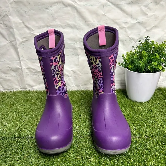 Bogs Boots Girls Sz 2 Kids Purple Leopard Neo-Classic InsulatedWaterproof