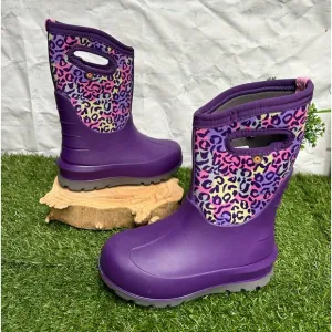 Bogs Boots Girls Sz 2 Kids Purple Leopard Neo-Classic InsulatedWaterproof