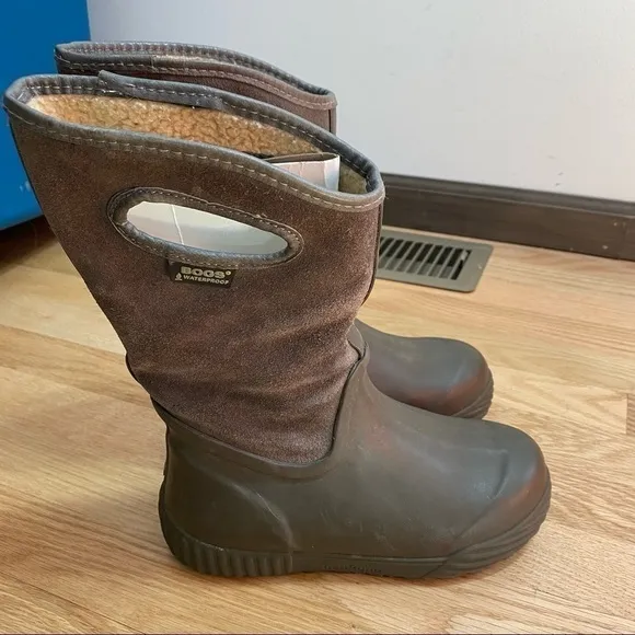 Bogs Brown Gray Rain Boots Sz 3 Sherpa Lined Waterproof Kids Youth