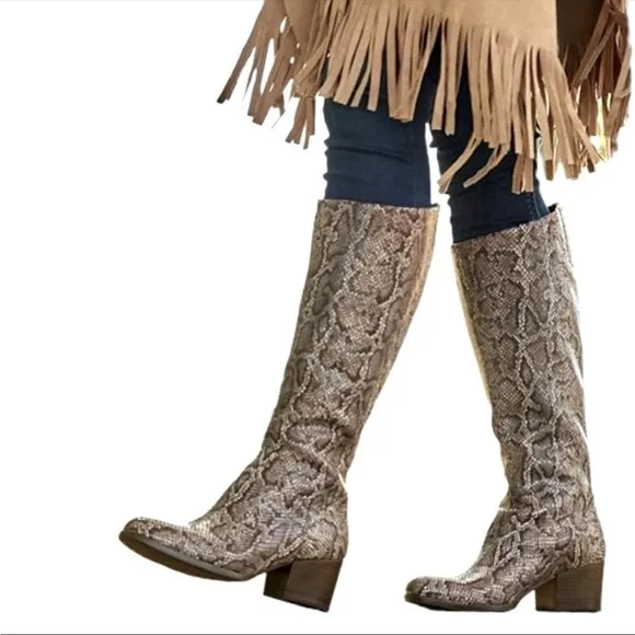 Born | Audriana Snakeskin Leather Knee High Chunky Block Heel Boots Brown 6M