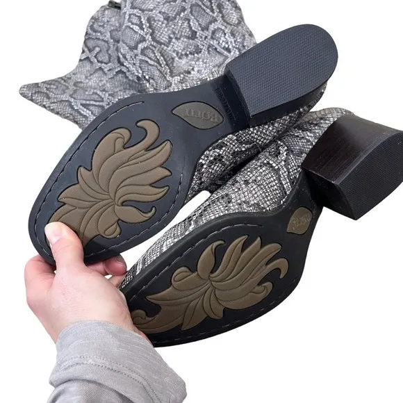 Born | Audriana Snakeskin Leather Knee High Chunky Block Heel Boots Brown 6M