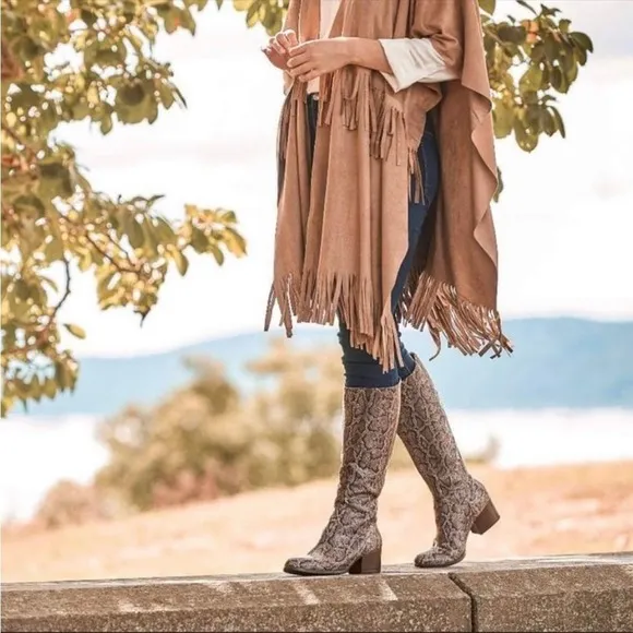 Born | Audriana Snakeskin Leather Knee High Chunky Block Heel Boots Brown 6M