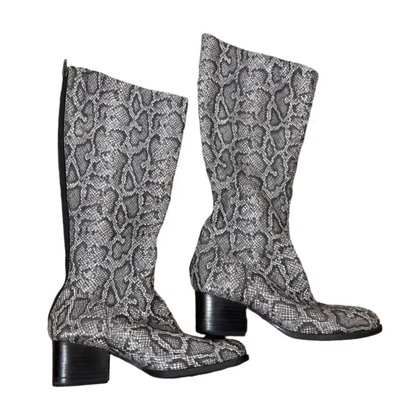 Born | Audriana Snakeskin Leather Knee High Chunky Block Heel Boots Brown 6M