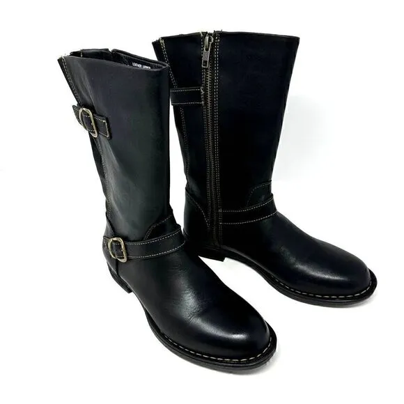 Born Black Leather Delano Zip Up Buckle Mid-Height Riding Boots Size 6.5