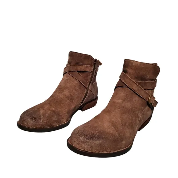 Born Brown Beige Leather Zip-Up Ankle Harness Booties Boots Women's Size 6.5M