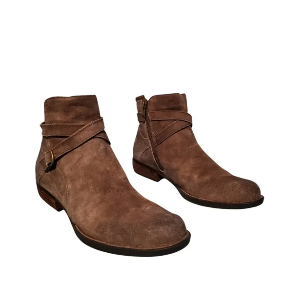 Born Brown Beige Leather Zip-Up Ankle Harness Booties Boots Women's Size 6.5M