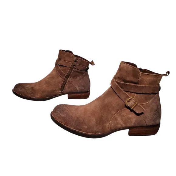 Born Brown Beige Leather Zip-Up Ankle Harness Booties Boots Women's Size 6.5M