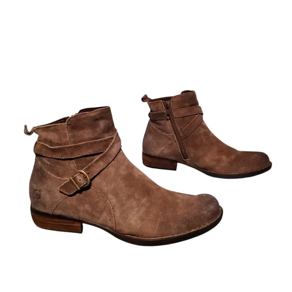 Born Brown Beige Leather Zip-Up Ankle Harness Booties Boots Women's Size 6.5M