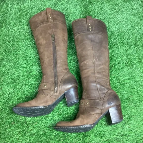 Born Brown Leather Tall Riding Boots Zip Up 6