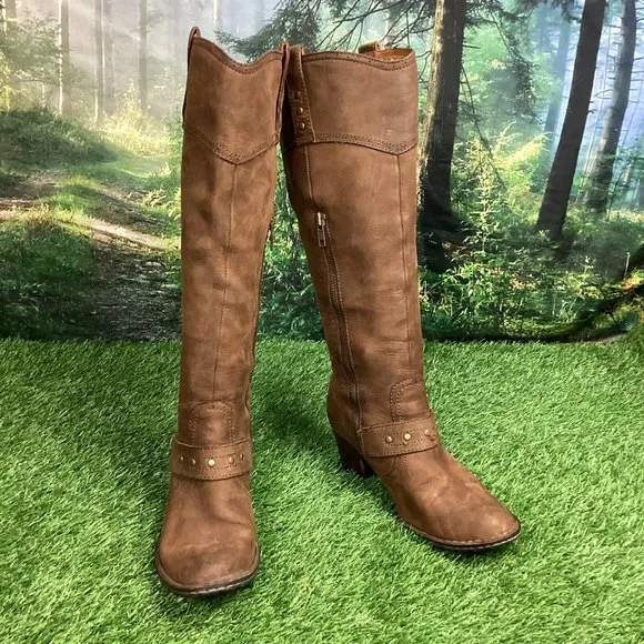 Born Brown Leather Tall Riding Boots Zip Up 6