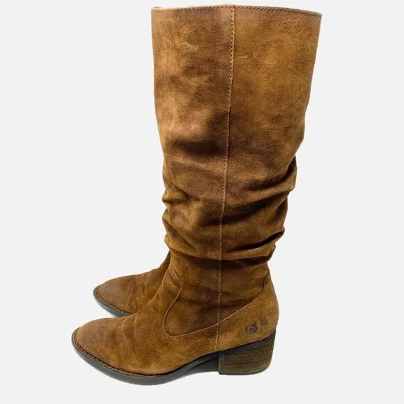 Born Brown Suede Slouchy Tall Boots Women's Size 9 EUC Block Heel
