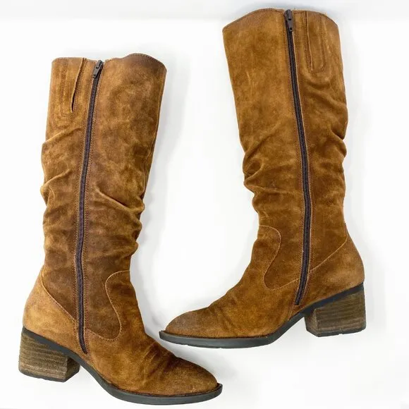 Born Brown Suede Slouchy Tall Boots Women's Size 9 EUC Block Heel
