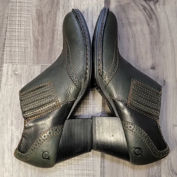 Born Green &amp; Black Leather Booties with Chunky Heel