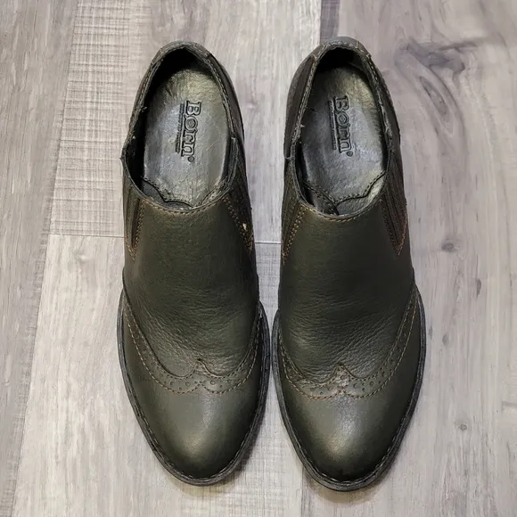 Born Green &amp; Black Leather Booties with Chunky Heel