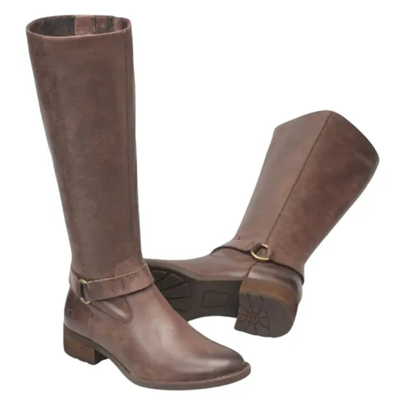 BORN Womens Saddler Tall Riding Boots Size 8M EU 39 Wide Calf Brown Leather NIB