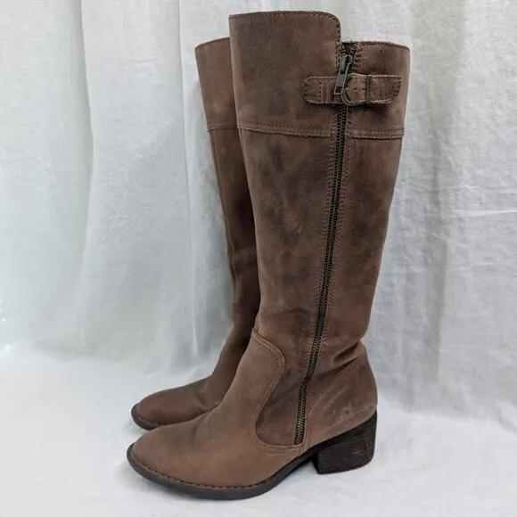 Born women's size 8.5 brown leather boots 17&quot; tall 2&quot; heel zip closure western