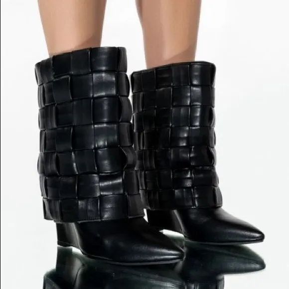 Brand new Black wedge woven style leather boots