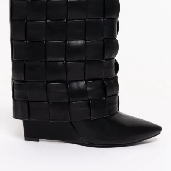 Brand new Black wedge woven style leather boots