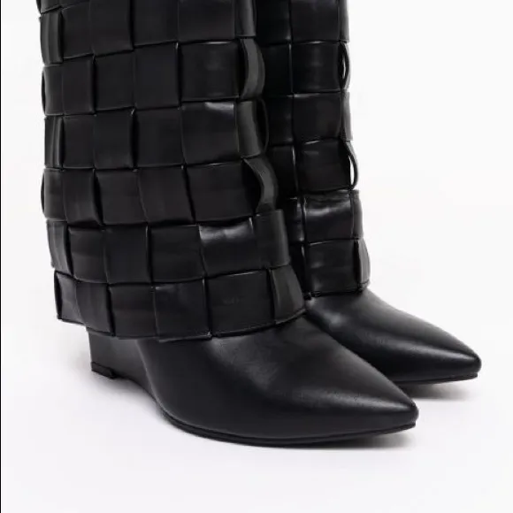 Brand new Black wedge woven style leather boots