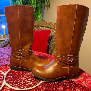 Brand New Michael Kors Girls Emma Heather Zippered Tall Riding Boots in Cognac