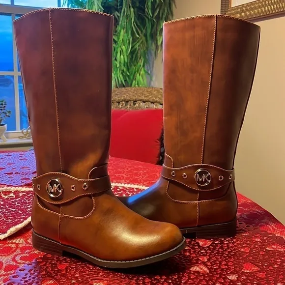 Brand New Michael Kors Girls Emma Heather Zippered Tall Riding Boots in Cognac