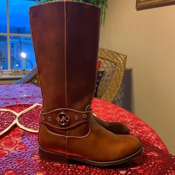 Brand New Michael Kors Girls Emma Heather Zippered Tall Riding Boots in Cognac