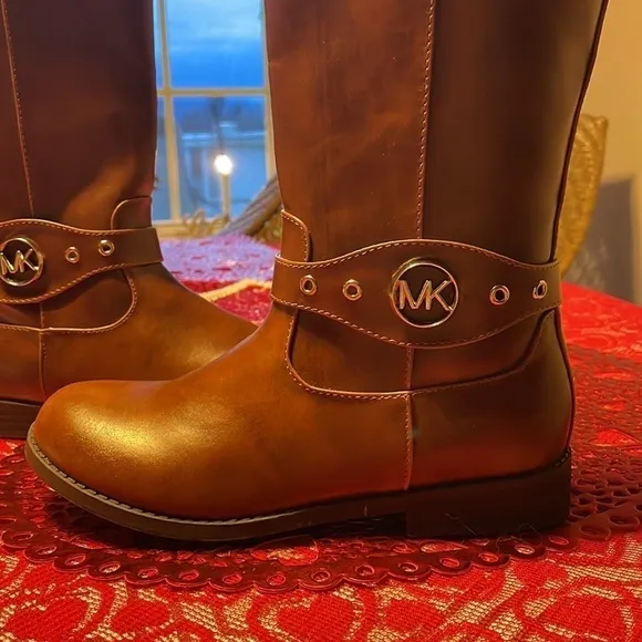 Brand New Michael Kors Girls Emma Heather Zippered Tall Riding Boots in Cognac