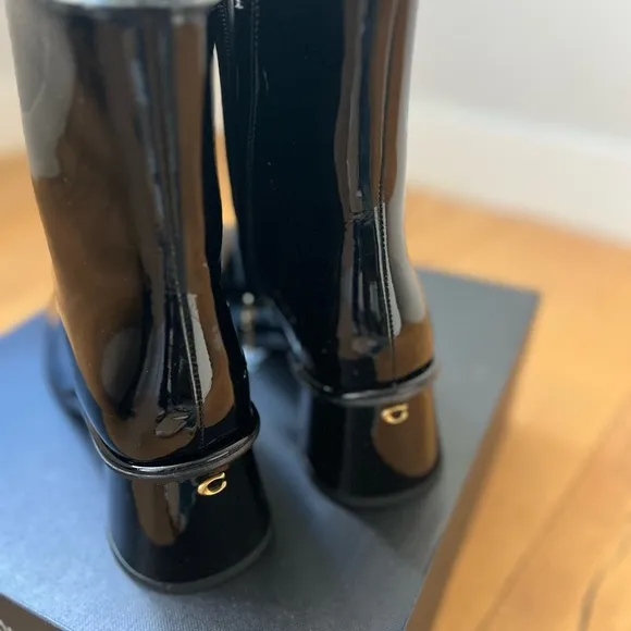 Brands New Black Patent Leather Heeled Boots with Chunky Heel.