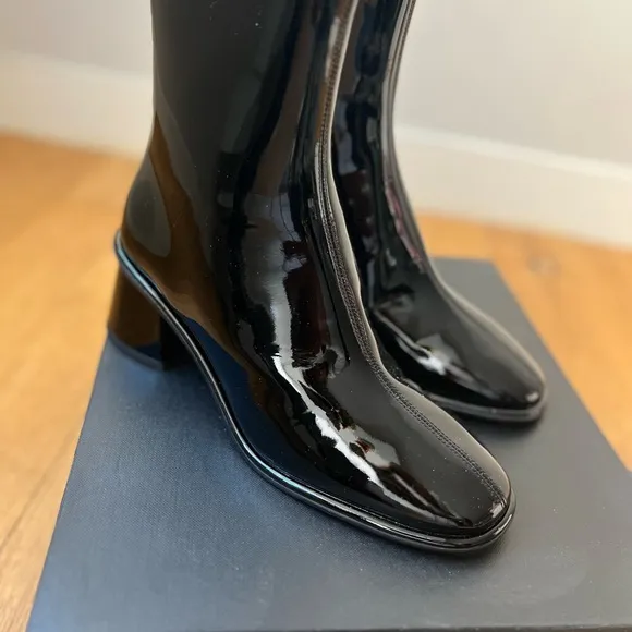 Brands New Black Patent Leather Heeled Boots with Chunky Heel.