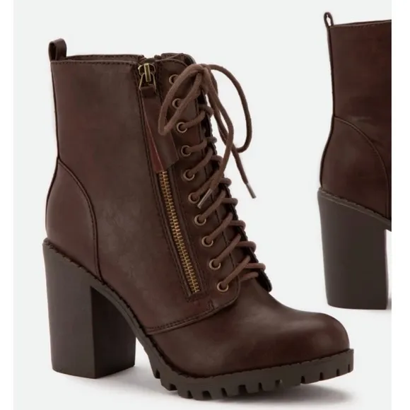 Brown Lace Up High Chunky Heel Combat Boots