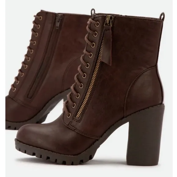 Brown Lace Up High Chunky Heel Combat Boots