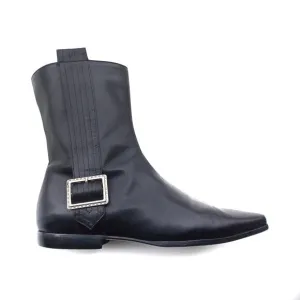 BURBERRY Black Leather Buckle Ankle Boots Made in Italy Point Toe Designer 35.5