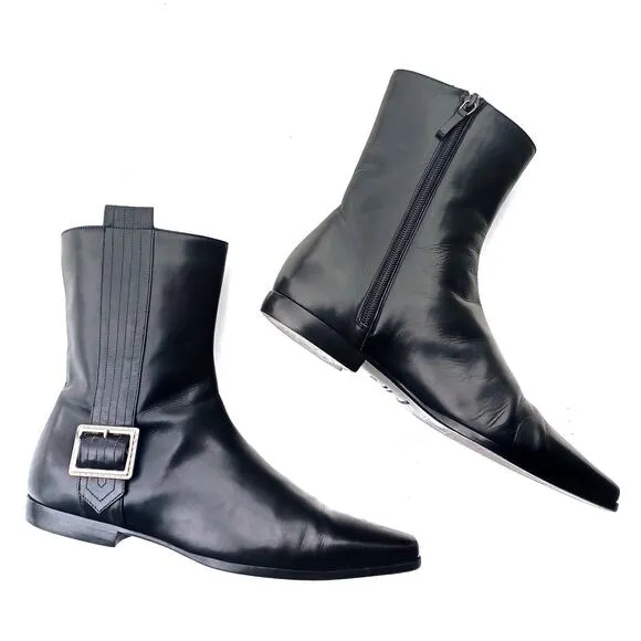 BURBERRY Black Leather Buckle Ankle Boots Made in Italy Point Toe Designer 35.5