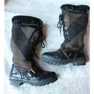 Burberry Brown Nova Check Snow Rain Shearling Lined Duck Boots Size 36