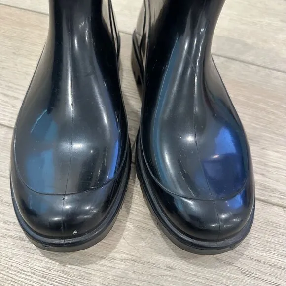 Burberry Women's Rain Boots Size 7.5 Black Tall Waterproof Plaid Lining Designer