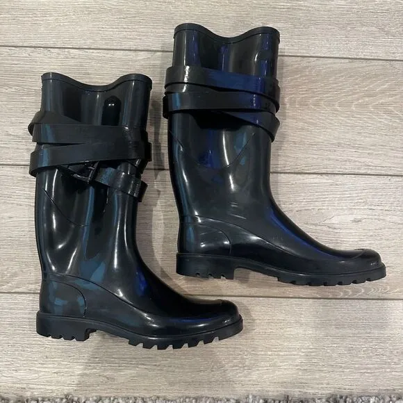Burberry Women's Rain Boots Size 7.5 Black Tall Waterproof Plaid Lining Designer