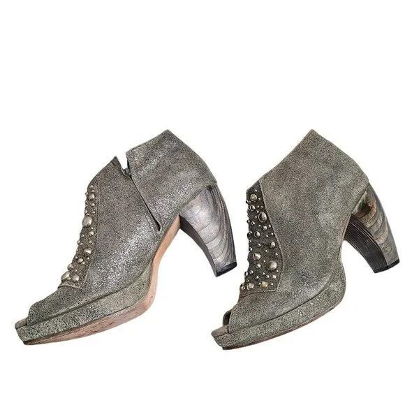 Calleen Cordero Grey Silver Suede Studded Peep Toe Platform Ankle Booties