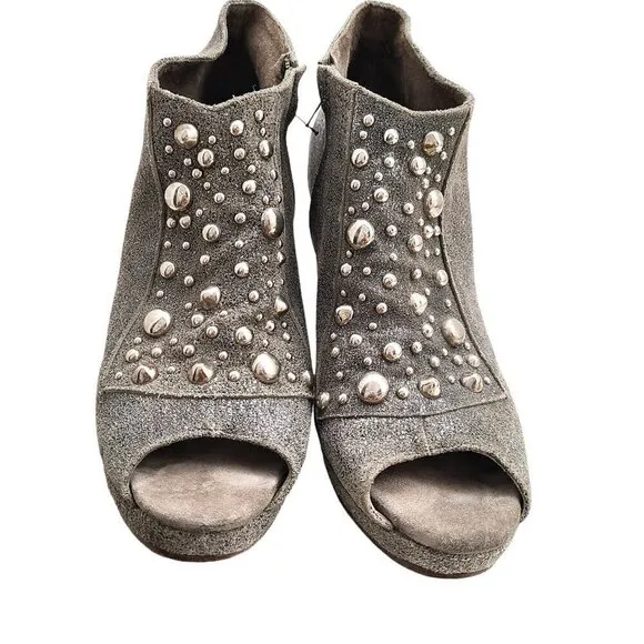 Calleen Cordero Grey Silver Suede Studded Peep Toe Platform Ankle Booties