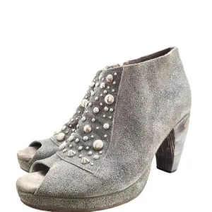 Calleen Cordero Grey Silver Suede Studded Peep Toe Platform Ankle Booties