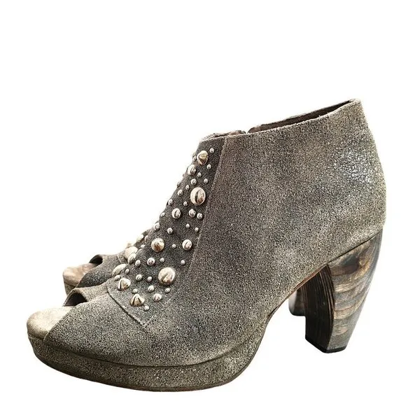 Calleen Cordero Grey Silver Suede Studded Peep Toe Platform Ankle Booties