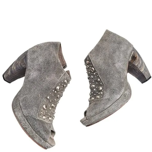 Calleen Cordero Grey Silver Suede Studded Peep Toe Platform Ankle Booties