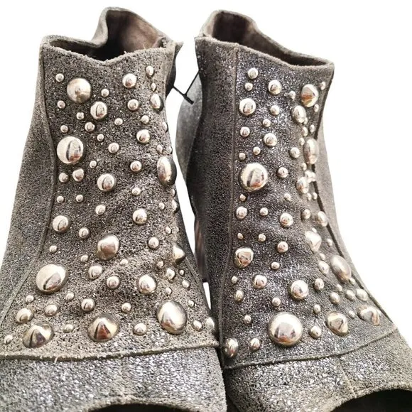 Calleen Cordero Grey Silver Suede Studded Peep Toe Platform Ankle Booties