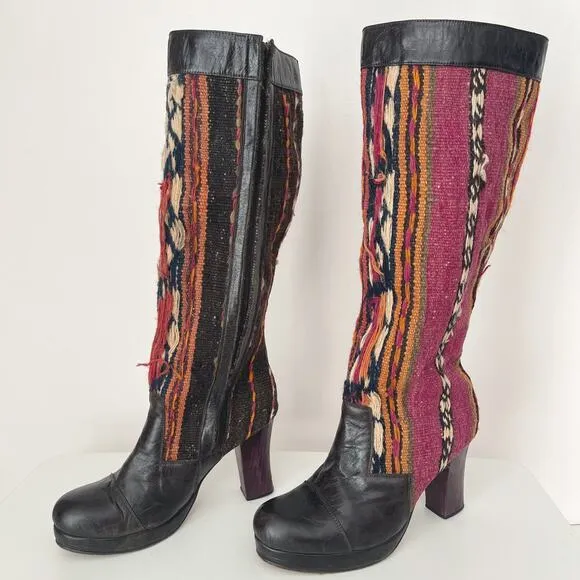 Calleen Cordero Kilim Rug Wool Leather Heeled Boots Size 7.5