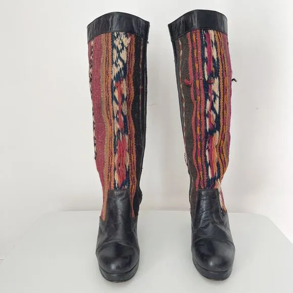 Calleen Cordero Kilim Rug Wool Leather Heeled Boots Size 7.5